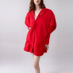 1980s‎ Bright Red Oversized Duster Raincoat | Vintage Dolman Shoulder Jacket | S